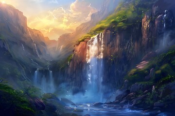 Nestled in a picturesque valley, a cascading waterfall descends gracefully from rocky cliffs, its crystalline waters shimmering in the golden light of dawn - obrazy, fototapety, plakaty