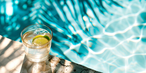 cocktail glass with a slice of green lime inside next to a swimming pool - obrazy, fototapety, plakaty