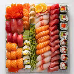 A realistic photograph of a carefully arranged sushi plate, sushi