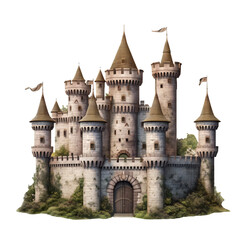 Fototapeta premium Medieval stone castle with multiple towers and flags, png isolated on transparent