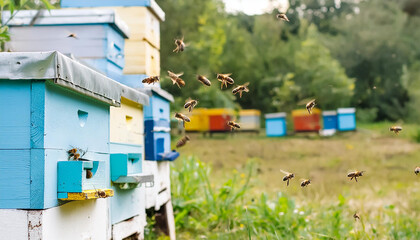 Fototapeta na wymiar Bees flying around beehive. Beekeeping concept.