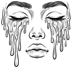 Fluid dropping on woman's face: sketch artwork depicting liquid droplets, creative art concept for artistic projects, splatter texture, cleared on transparent background. 