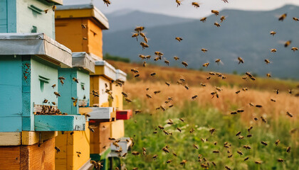 Bees flying around beehive. Beekeeping concept.