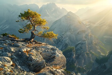 Overlooking a majestic mountain range, a lone pine tree clings to the rugged terrain, its branches...