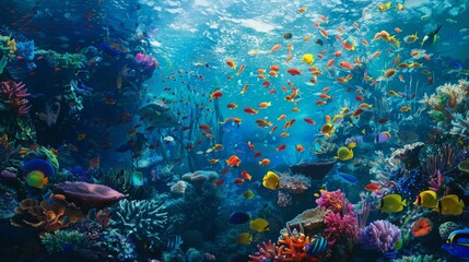 Colorful coral reefs teeming with vibrant fish, showcasing the mesmerizing diversity of marine life beneath the waves.