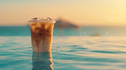 Transport yourself to a serene paradise with a cool summer iced coffee against a tranquil pastel backdrop,  a refreshing oasis