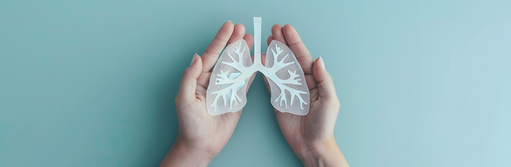 Closeup of hands holding a paper cutout lungs, on blue background, no tobacco stop smoking anti drug day concept