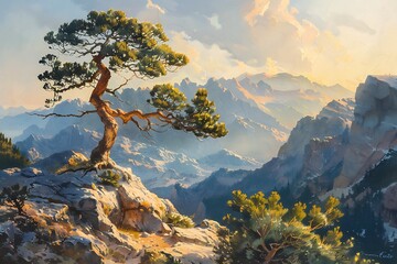 Overlooking a majestic mountain range, a lone pine tree clings to the rugged terrain, its branches reaching skyward in silent reverence. - Powered by Adobe