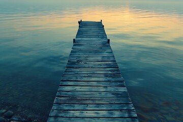 Overlooking a tranquil lake, a solitary wooden pier extends gracefully into the water, its weathered planks bearing witness to countless sunsets and quiet reflections.  - obrazy, fototapety, plakaty