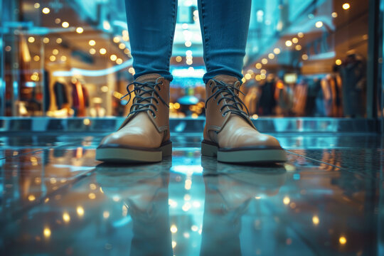 An image of a person's feet as he stand in front of a fashion store's show window, focusing on the reflection of the window in the polished floor surface, emphasizing the contrast between the two.