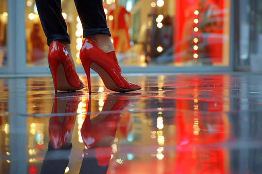 An image of a person's feet as she stand in front of a fashion store's show window, focusing on the reflection of the window in the polished floor surface, emphasizing the contrast between the two.