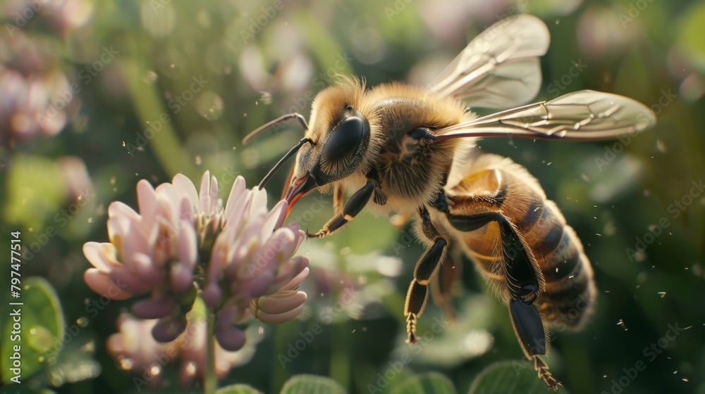 Poster Macro shot of a bee hovering over a patch of clover, its fuzzy body adorned with tiny flecks of pollen.
