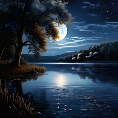 moonlit lake casting a silver glow wooden hut nestled in the bottom right corner willow trees drap transformed