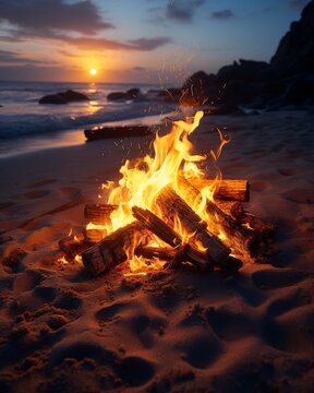A bonfire burns on the beach at sunset.