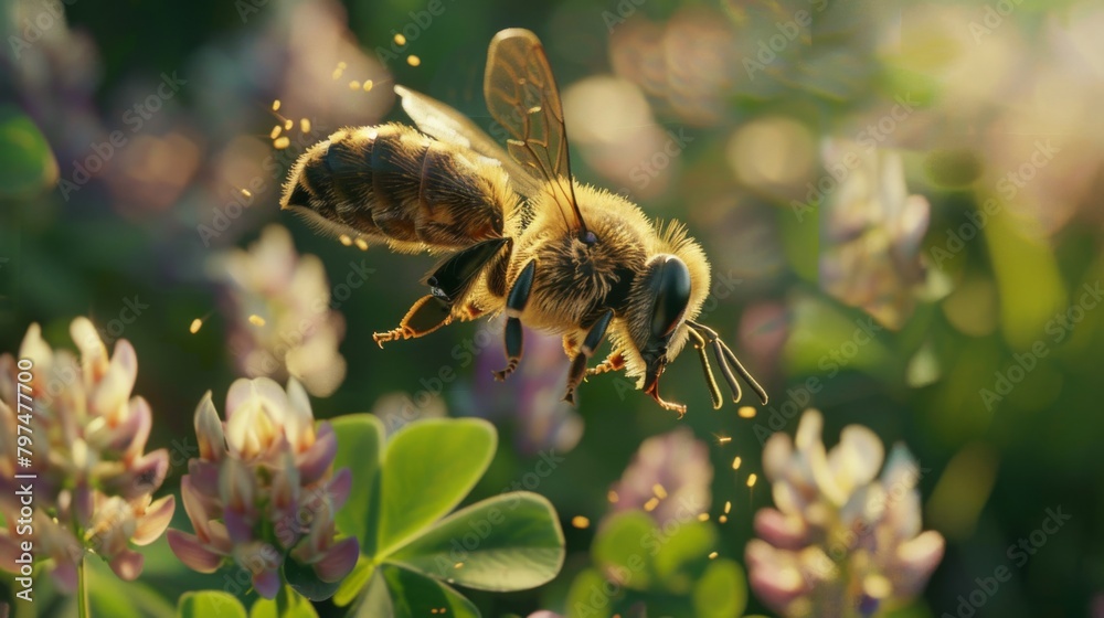 Poster Macro shot of a bee hovering over a patch of clover, its fuzzy body adorned with tiny flecks of pollen.