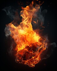 A large ball of fire with sparks and smoke on a black background.