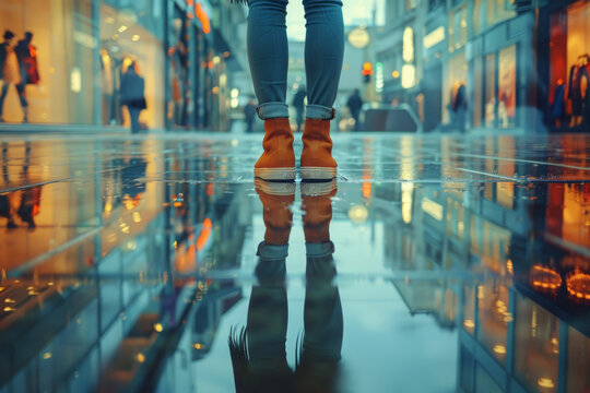 An image of a person's feet as her stand in front of a fashion store's show window, focusing on the reflection of the window in the polished floor surface, emphasizing the contrast between the two.