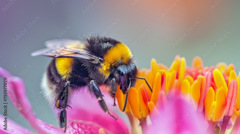 Poster macro shot of a bumblebee resting on a colorful blossom, highlighting the intricate details of natur