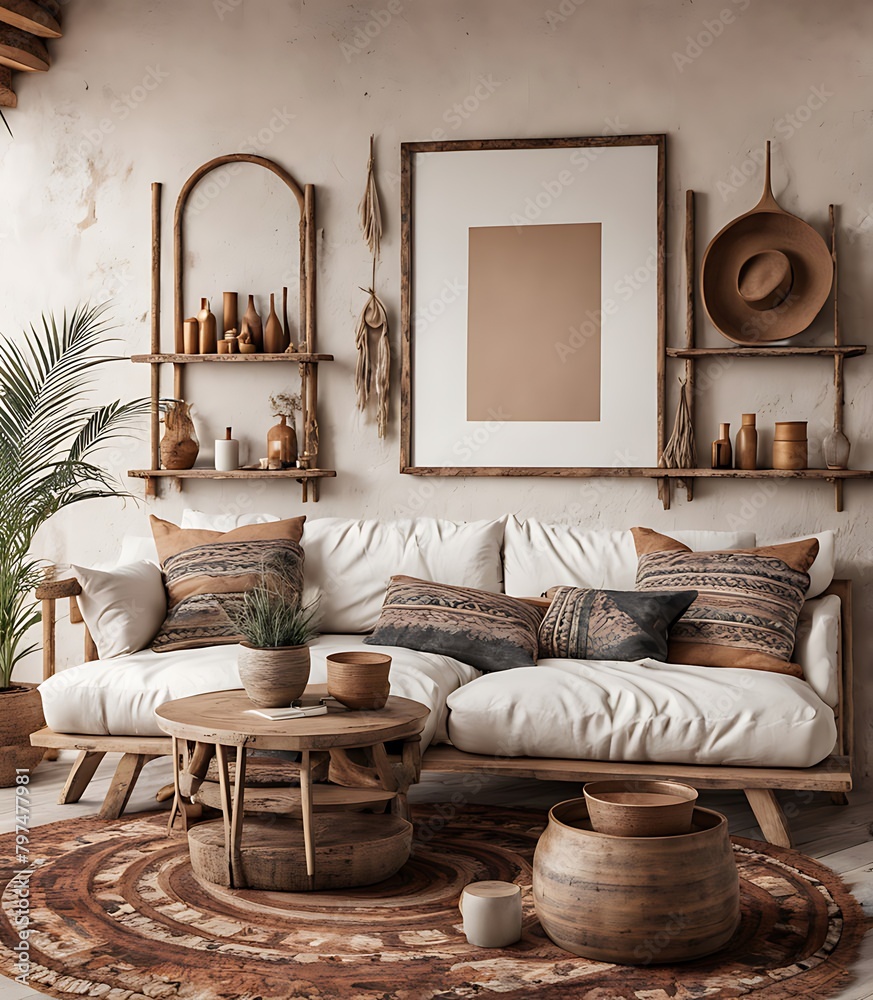 Wall mural mockup frame in nomadic boho interior background with rustic decor, 3d render