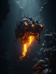A steampunk submarine is exploring a dark cave.