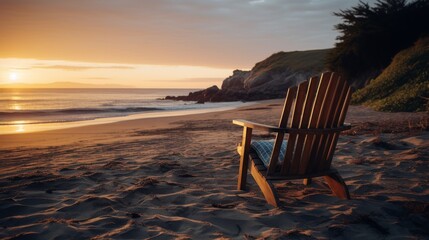 A wooden Adirondack chair sits on a beach overlooking the ocean. The sun is setting, casting a warm glow over the scene.