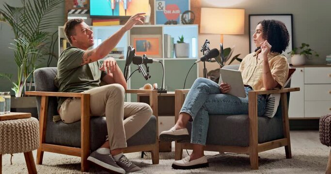 Woman, interview and podcast with tablet or celebrity in discussion, conversation or career news at studio. Female person talking with client on air with mic for communication, live chat or recording