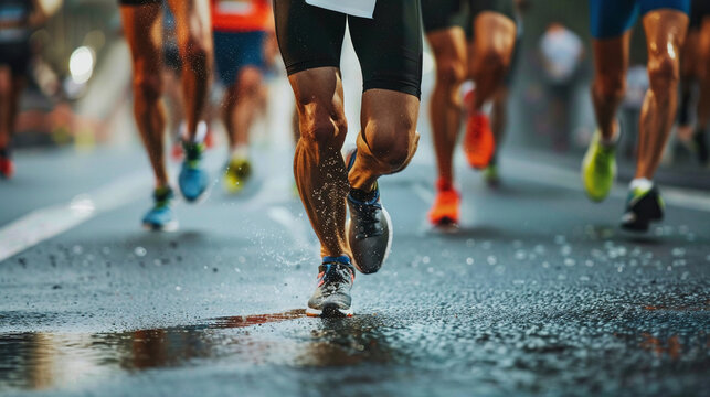 Close up on the legs of male marathon runners pounding the pavement  capturing the spirit and challenge of road racing
