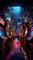 arcade with pink and blue neon lights