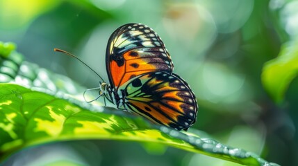 Macro shot of a vibrant butterfly perched delicately on a green leaf, showcasing nature's intricate beauty.
