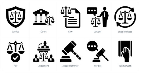 A set of 10 justice icons as justice, court, law - obrazy, fototapety, plakaty