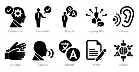 A set of 10 language icons as interpretation, pronounciation, bilingual