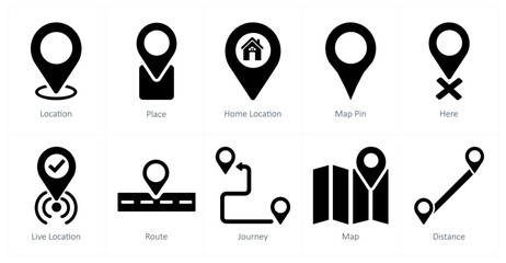 A set of 10 location icons as location, place, home location