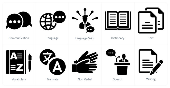 A set of 10 language icons as communication, language, language skills