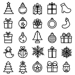 Naklejka premium christmas, hat, reindeer, snowman, bell, tree, winter, december, candle, gift, santa, celebration, icon, calendar, snowflake, star, christmas tree, candy, snow, sock, holly, merry, ball, bow, 