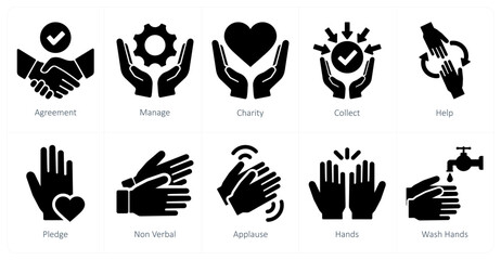 A set of 10 hands icons as agreement, manage, charity