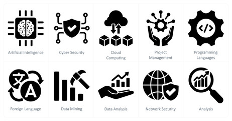 A set of 10 hard skills icons as artificial intelligence, cyber security, cloud computing