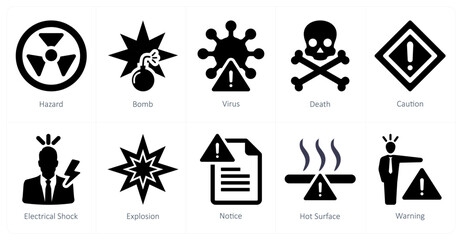 A set of 10 hazard danger icons as hazard, bomb, virus, death