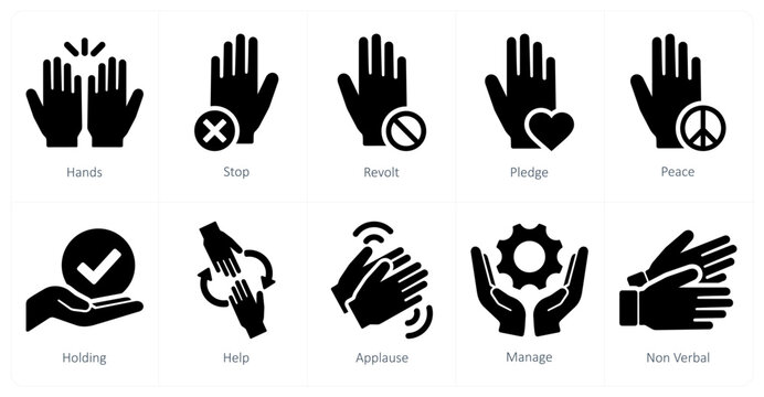 A set of 10 hands icons as hands, stop, revolt