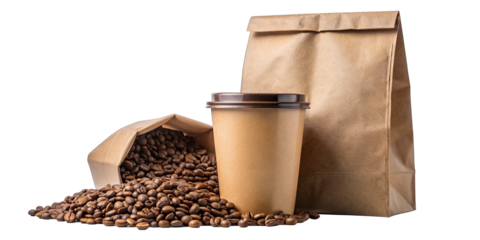 Coffee identity branding mockup. Blank brown craft bag with coffee beans and cup of coffee. Package mockup template for logo, brand, sticker, label.