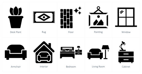 A set of 10 home interior icons as desk plant, rug, floor