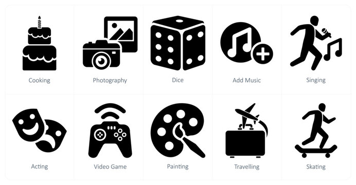 A set of 10 hobby icons as cooking, photography, dice