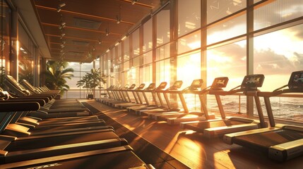 The interior of a sunlit gym featuring rows of treadmills facing a large window with a view of the...