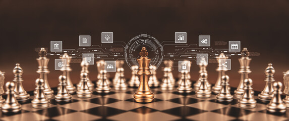 King chess with teamwork and leadership icons for wining challenge strategy and battle fighting of business team player and risk management or human resource or strategic planning.