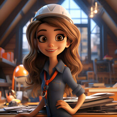 3D illustration of a cute cartoon girl in a construction site. - obrazy, fototapety, plakaty