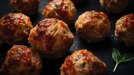Meatballs with tomato sauce and arugula on a black background