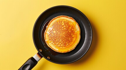 A glossy pancake lavishly coated in syrup lies in a frying pan the glossy texture highlighted by a bright yellow backdrop
 - obrazy, fototapety, plakaty