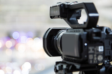 Video camera with blur background for journalist interview broadcasting reporter news or press...