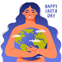 Happy Earth Day. Mother holding the globe. Planet Earth with  clouds. Concept of ecology and environmental protection. Vector illustration