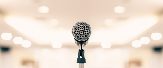 Microphone for press conference speaker report interview concepts or broadcasting public speaking speech presentation stage performance and reporter news with empty copy space background.