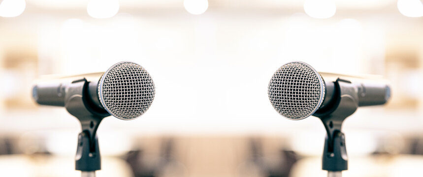 Microphone for press conference speaker report interview concepts or broadcasting public speaking speech presentation stage performance and reporter news with empty copy space background.